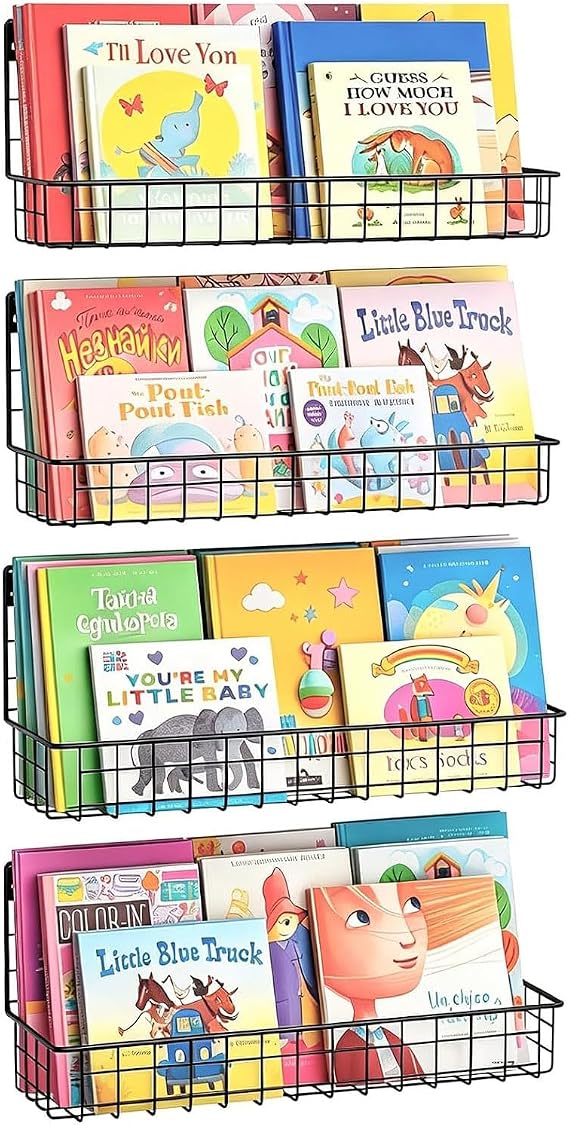 X-cosrack 4-Pack Wall Mounted Metal Kids Bookshelf, Floating Book Shelves for Kids Nursery Toddler Classroom, Hanging Book Shelf Organizer for Room Decor, Black