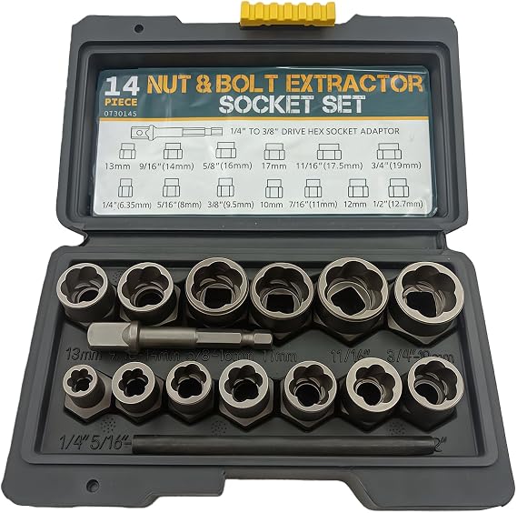 Bolt Extractor Set: 15-Piece High Carbon Steel Impact Bolt Nut Remover, Versatile Bolt Nut Remover, Lug Nut Remover, for Damaged or Rounded Bolts and Nuts (Multiple Metric and Imperial Sizes)