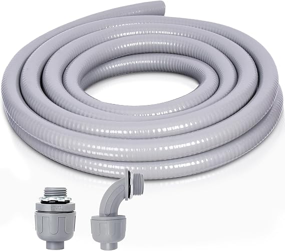 Liquid-Tight Conduit and Connector Kit - 1/2 Inch 5 FT Non Metallic Liquid Tight Electrical Conduit with 1 Straight and 1 Angle Fittings