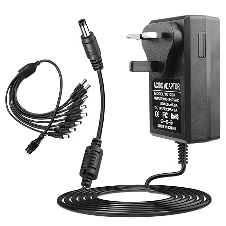 12V 3A Power Supply Adapter with 8 Way Splitter Cable AC 100-240V to DC 12 Volt 3Amp 36W Switching PTransformers for CCTV Cameras LED Light Strip DVR NVR