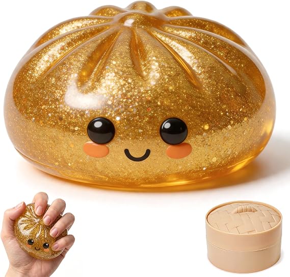 Glitter Dumpling Squishy, Dumpling Mystery Box, Colorful Dumplings Stress Balls Toy, Stocking Stuffers with Food Steamer Stretchy Desk Toys (Gold)