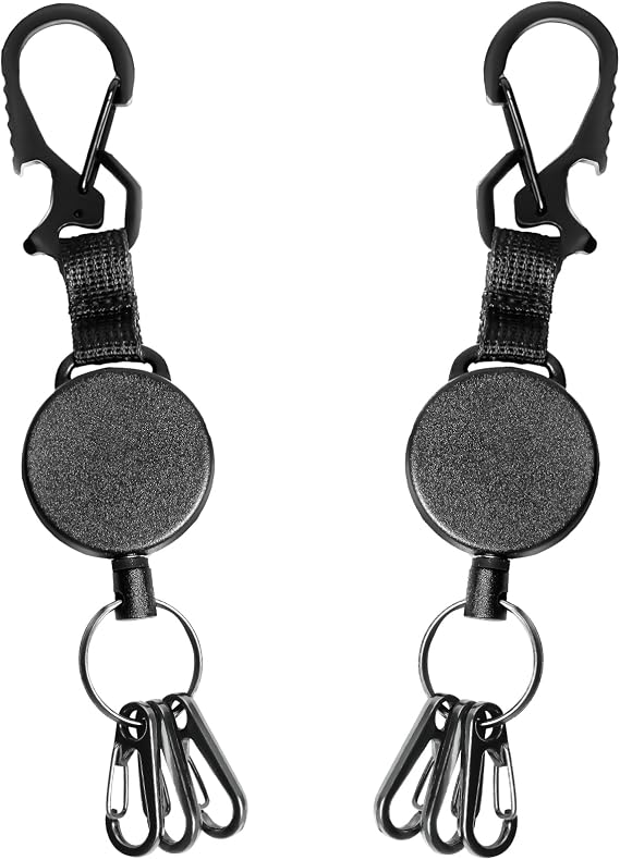 DELSWIN Retractable Keychain Heavy Duty - Retractable Key Holder Key Ring with Carabiner, ID Badge Clip Reel with Steel Cord, Clasps for Janitor Office Work, Bearing 8.0 oz (Pack of 2)