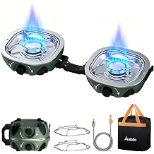 Anbte 2-Burner Portable Camping Stove, 20,000 BTU Foldable Camping Stove with Adjustable Burners 31cm Wide Spacing & Complete Kit, for Cooking, Car Camping, Beach, RV, Tailgating Essentials