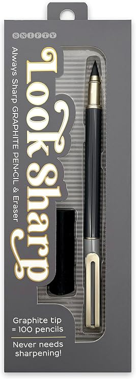 SNIFTY Look Sharp Always Sharp Pencil - Compressed graphite tip equals 100 pencils - Gray metal barrel + cap + eraser