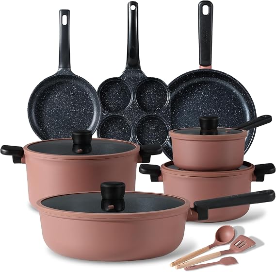 CAROTE Non Stick Pots and Pans Set, Cookware Sets Nonstick, Kitchen Cooking Set with Stay-Cool Handles,with Silicone Tools and Pot Protectors,14 Piece