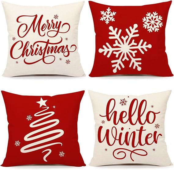 4TH Emotion Red Christmas Pillow Covers 18x18 Set of 4 Farmhouse Xmas Decorations Snowflake Hello Winter Holiday Decor Throw Cushion Case for Home Couch S24C17