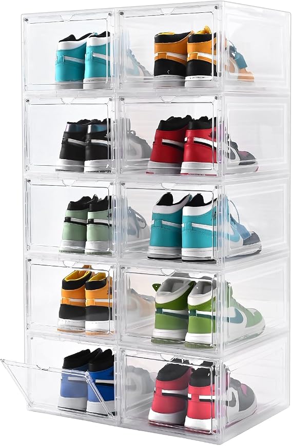 Large Shoe Boxes Clear Plastic Stackable,Drop Front Shoe Box with Clear Door, Shoe Containers For Sneaker Display,Fit up to US Size12