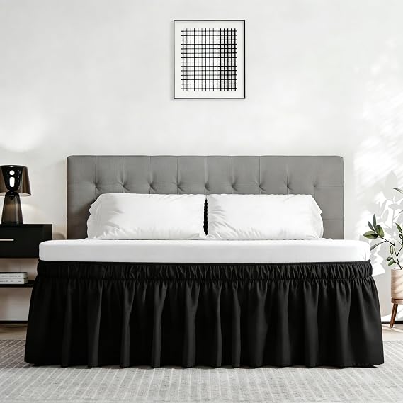 Vocander Black Twin Bed Skirt 14 Inch Drop, Elastic Wrap Dust Ruffle | Hides Underbed Storage, No Mattress Lifting, Elastic Stays Put, Soft Fabric, Machine Washable, Polished Look