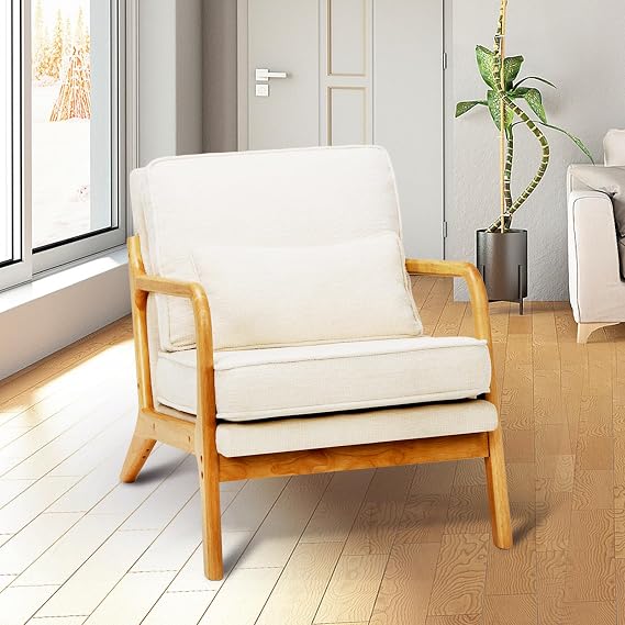 COLAMY Mid Century Modern Accent Chair with Lumbar Pillow, Relaxing Armchair with Solid Wood Frame & Soft Cushion, Reading Leisure Chair for Living Room,Bedroom,Waiting Room(Beige)