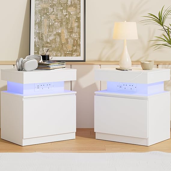 LED Bedside Table with Charging Station, Set of 2 Side Tables, Modern Nightstands with Storage, Flip-Top Design, Remote Control, Modern End Table for Living Room, Bedroom, Gaming Room (White)