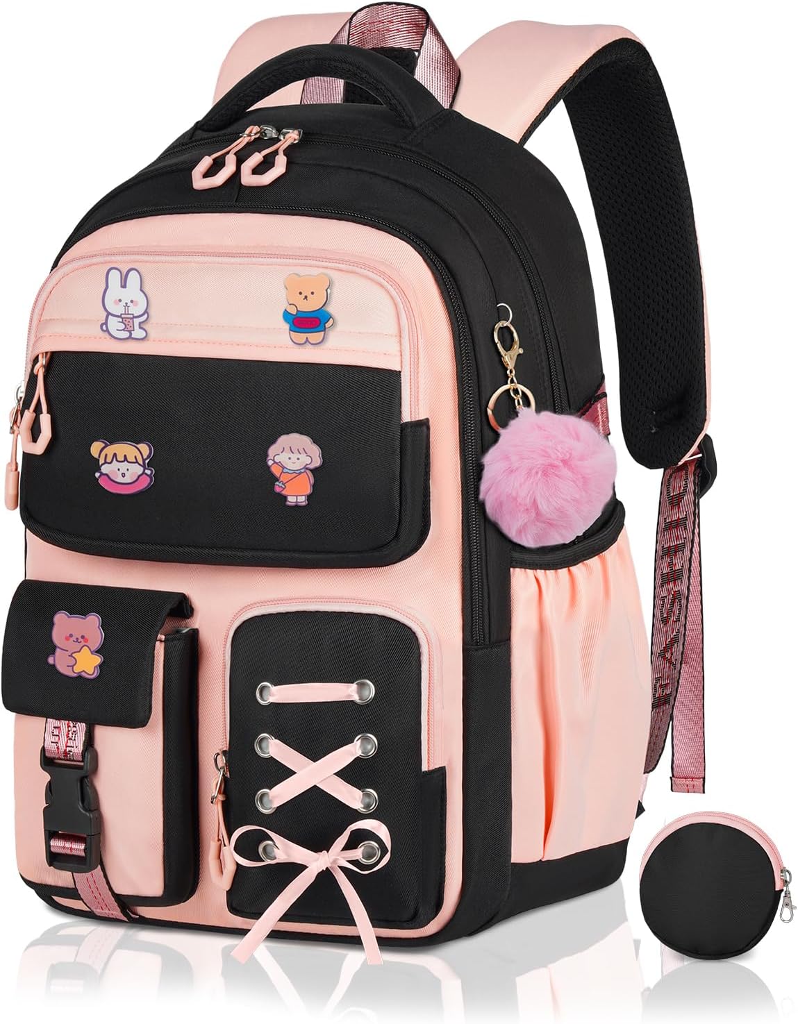 Girls Backpack with Coin Purse, Cute PinkBlack Bookbag for Kids Teen, Kawaii Aesthetic Elementary School Backpack