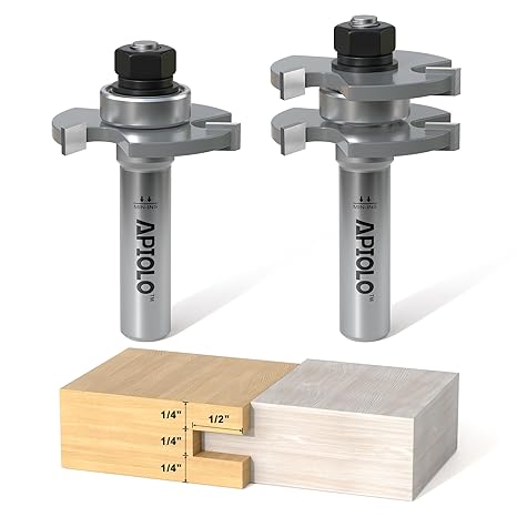 Professional 2 PCS Tongue and Groove Router Bit Set 1/2 Inch Shank, 3 Teeth T Shape Wood Milling Cutter Woodworking Tools, for DIY Doors Tables Cabinets Shelves Furniture