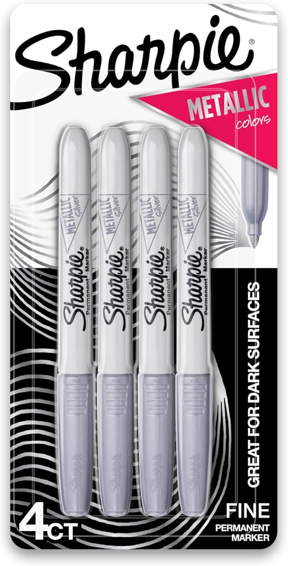 Sharpie Metallic Permanent Markers, Fine Point, Silver, 4 Count - For Black Paper or Dark Surfaces, Arts & Crafts, Posters