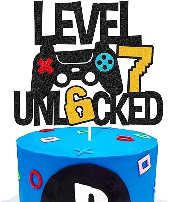 Level 7th Unlocked Cake Topper Game Controller 7s Cake Decoration Happy 7 Birthday Cake Decor Video Play Game Movie Theme Men Women Teenager Bday Party Event Celebration Supplies