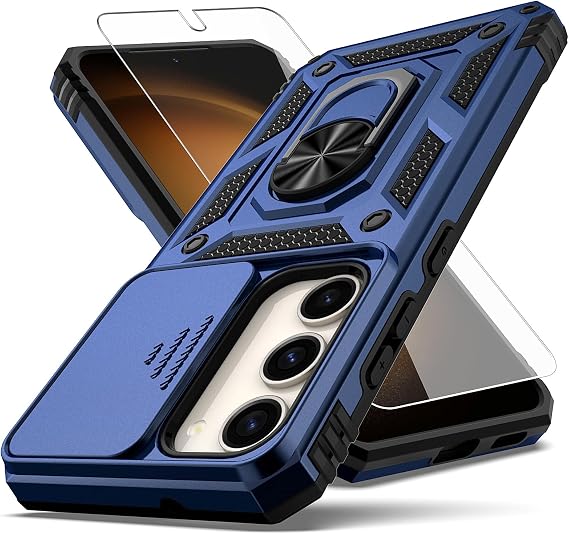 for Samsung Galaxy S23 Case,with Camera Lens Cover HD Screen Protector,[Military Grade] Ring Car Mount Kickstand Hybrid Hard PC Soft TPU Shockproof Protective Case for Galaxy S23, Blue