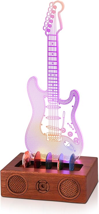 CoolGift Mart Light Up Guitar Pick Holder, Acrylic Electric Guitar Pick Holder with Audio Styling Wooden Base for Picks Storage and Display, Gift for Guitar Players Guitarists