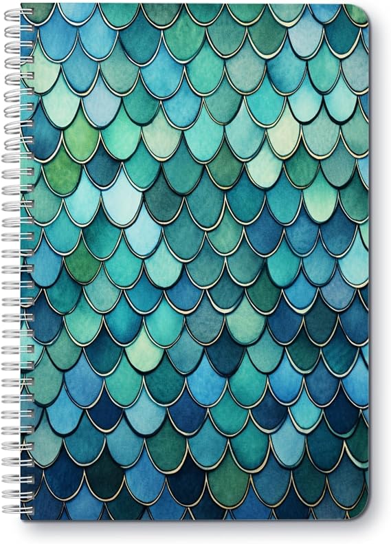 Spiral Notebook,Double-Wire Spiral College Lined Journal Composition School,College & Office Supplies,100 Pages,5.71x 8.26 in - Fish Scales in Shades of Blue And Green