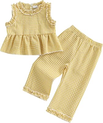 GOOCHEER Toddler Girl Clothes Baby Summer Outfits Plaid Ruffle Sleeveless Vest Tank Tops Pants Set 12 18 24 Month 2T 3T 4T