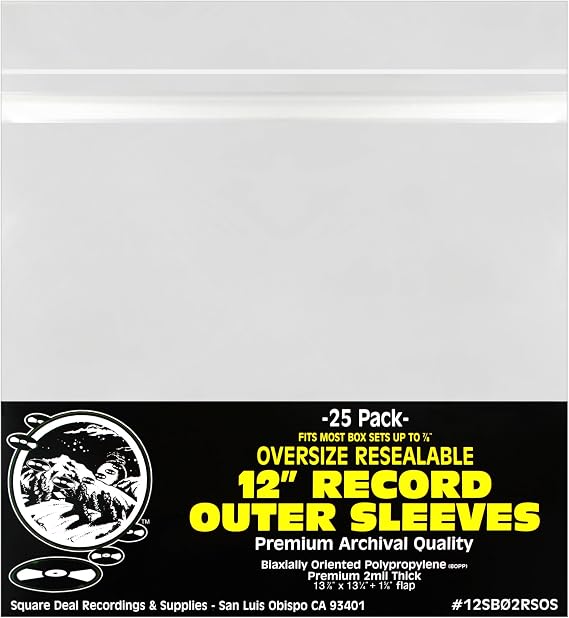 (25) 12" Resealable Oversize Record Outer Sleeves - Super Clear Premium 2 Mil Thick Archival Quality BOPP - 13-7/8" x 13-1/4" + 1-5/8" Flap - FITS Most Box Sets UP to 7/8" Thick #12SB02RSOS