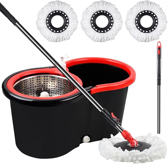 Spin Mop and Bucket with Wringer Set,360 Mop and Bucket System with 3 Microfiber Mop Refills and 59" Extended Handle for Floor Cleaning (Black)