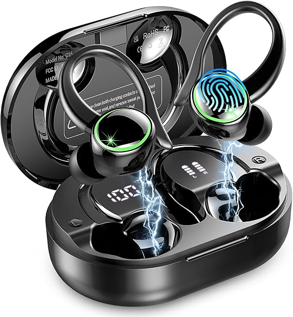 Wireless Earbuds, 2025 Bluetooth 5.4 Headphones Sports, 50H Playback Over-Ear buds with ENC Noise Cancelling Mic, Deep Bass Fitness Earphones with Earhooks, IP7 Waterproof Headset for Gym Workout