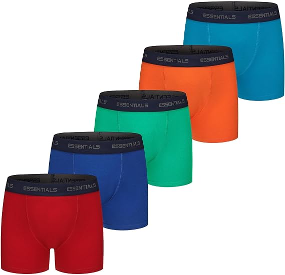 The Essentials Wardrobe Boys Boxers 5 Pack Trunks Underwear Black Grey Design Coloured Size 2-13 Years