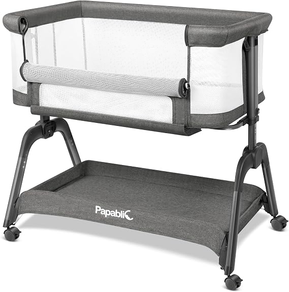 Papablic Baby Bassinet, Bedside Bassinet for Baby with Four-Sided Breathable Mesh & Soft Mattress, Adjustable Bassinet Bedside Sleeper with Storage Basket and Wheels, Easy to Assemble