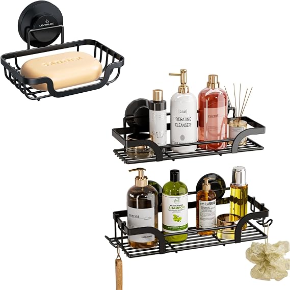 LEVERLOC 2 Pack Shower Caddy Suction Cup & Soap Dish, Shower Shelves for Inside, Suction Cup Wall Mounted, Stainless Steel No-Drilling Bathroom Organizer for Bathtub Kitchen Sink, Black