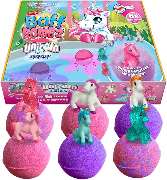 ZIMPLI - 6 x Large Unicorn Surprise Bath Bombs, 6 Surprise Unicorn Toys Included, Bath Toys for Girls, Bubble Baff Bomb Gift Set, Xmas Gift
