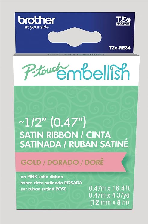 Brother P-Touch Embellish Gold Print on Pink Satin Ribbon TZERE34 ~12 Wide x ~13.1 Long for use with P-Touch Embellish Ribbon & Tape Printer