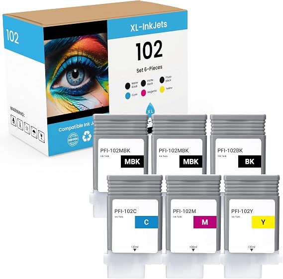 XL-Ink Compatible for Canon PFI-102 / PFI 102 6-Pack (2X Matt Black, Black, Cyan, Magenta, Yellow)