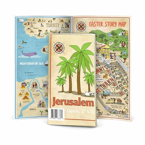 Illustrated Map of Easter Bible Stories in Jerusalem during Jesus' Time | 16" x 21" Foldable Reference Guide, 70+ Biblical Locations and Easter Stories, For Kids Teens Adults, Fits Standard Bibles