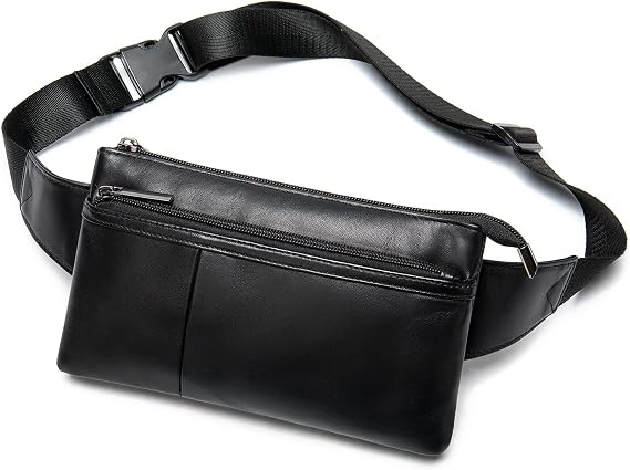Real Leather Fanny Pack for Men Women Small Waist Pack Purse Belt Bag Black | Lightweight Bum Hip Crossbody Purse for Running Hiking Walking, Lambskin Leather