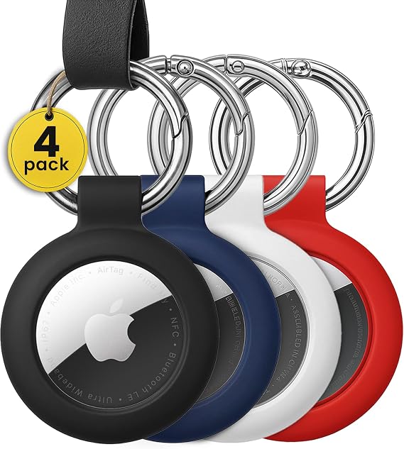 EVEO Airtag Keychain Holder 4 Pack Airtag Holder Keychain, Secure Apple Airtag Case Keychain Air Tag Holders Cover | for Airtags 4 Pack, for Keys, Bags, Pets, Apple Airtag Not Included.