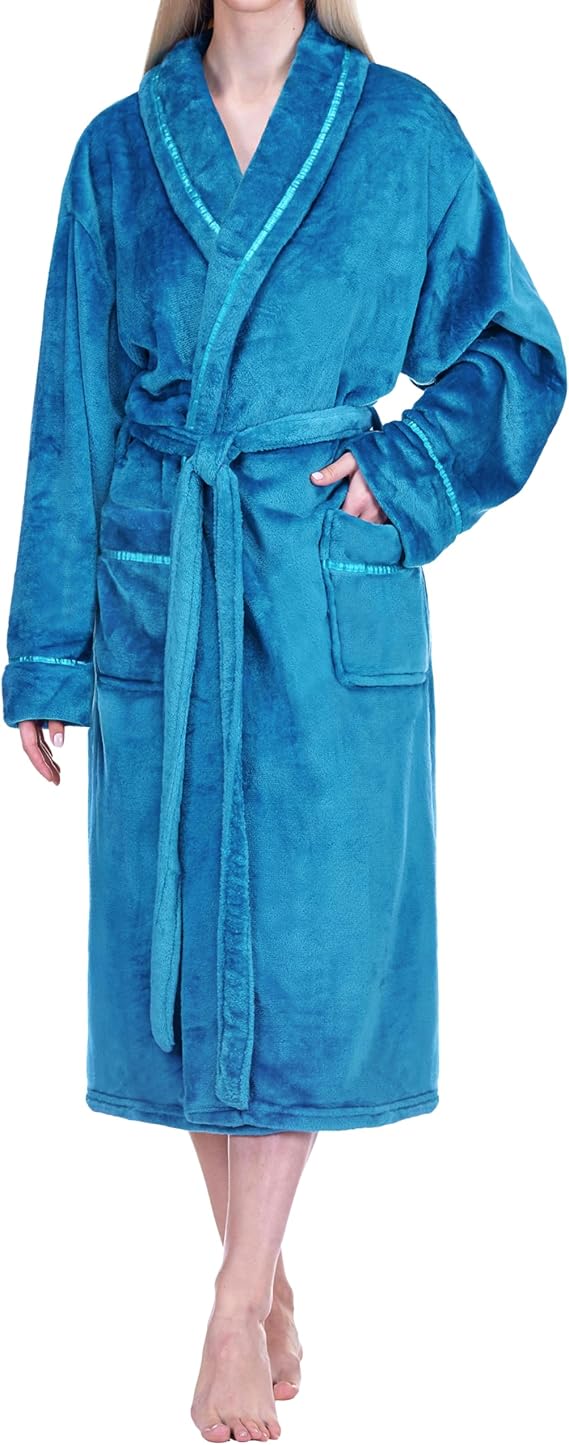 PAVILIA Womens Fleece Robe with Satin Trim, Plush Soft Long Spa Bathrobe, Cozy Shawl Collar Housecoat with Pockets