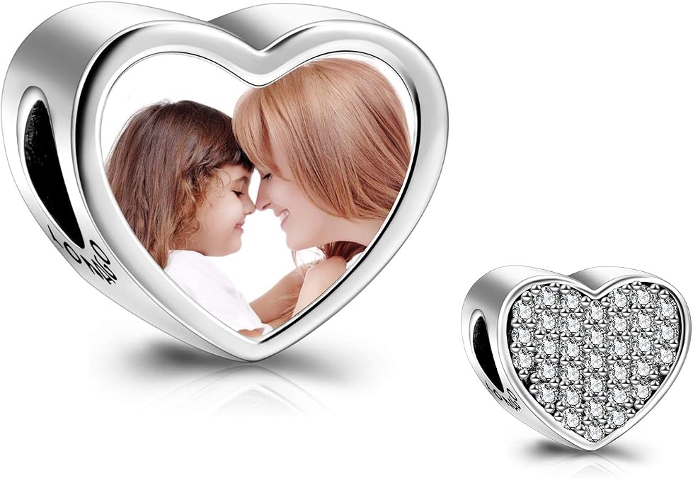 LONAGO 925 Sterling Silver Personalized Photo Charm Fit Compatible for Bracelet Necklace Customized Heart Round Shape Picture Bead