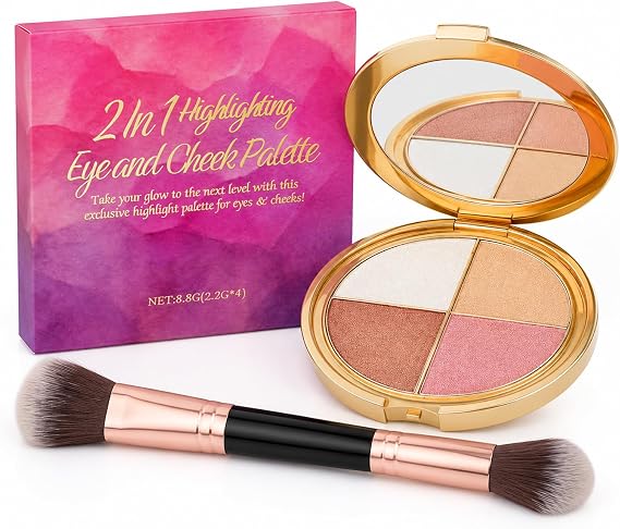 4-In-1 Makeup Palette for Eyes & Cheeks, Highlighter Blush Eyeshadow Palette, Silky Blendable Face Palette with Shimmer & Matte Shades, Travel Friendly All in One Makeup Kit for Women