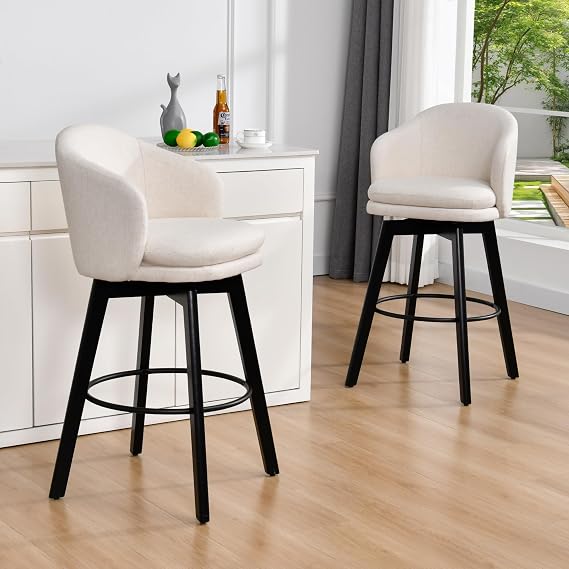 DUHOME Swivel 30'' Counter Height Bar Stools Set of 2, Linen Fabric Upholstered BarStools with Back, Upholstered Kitchen Stools with Wood Legs and Footrest, White Bar Chairs for Kitchen Island