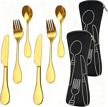 8 PCS Eating Portion Control Flatware Weight Management Gold Portion Control Serving Spoons Forks Knives Stainless Steel Utensils with Fabric Storage Bag