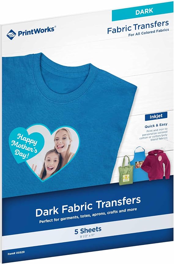 PrintWorks Iron on Heat Transfer Paper for Inkjet Printer - Printable Heat Transfer Vinyl for Dark Fabric (Printable HTV) - 8.5" x 11" - 5 Sheets - Made in the USA - Iron on Vinyl (00529A)