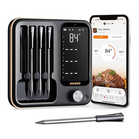 Wireless Meat Thermometer Digital with 4 Probes, Food Kitchen Thermometer with 3 Connection Modes, IP67 Waterproof Bluetooth Meat Thermometer for Grilling, Smoker, BBQ,Kitchen (14B-4)