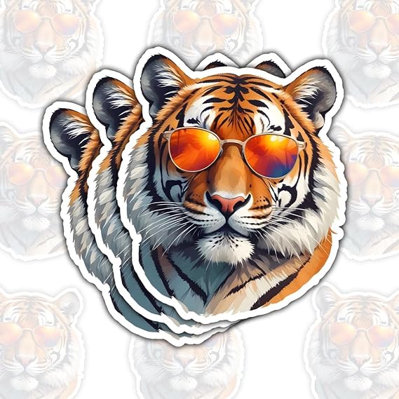 (3Pcs) Cool Tiger Sticker, Tigers Sunglasses Sticker, King Animal Decal, Tiger Face Stickers, Ti-ger Bumper Vinyl Decal 3" - Stickers for Laptop Water Bottle Phone Car Window Helmet