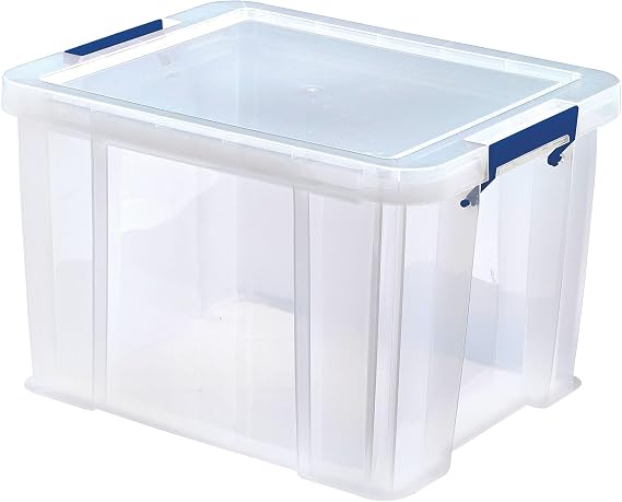 Bankers Box 4x 36L Plastic Storage Boxes with Lids. ProStore Super Strong Stackable Plastic Storage Boxes (31.5 x 47.5 x 38cm), Made in the UK, Clear