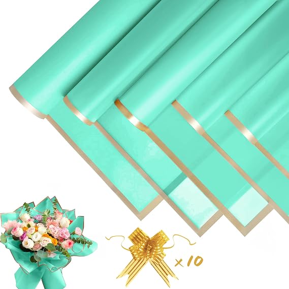 JOYIT 20 Yaprak Çiçek Ambalaj Kağıdı - Çiçek Buketi Ambalaj Kağıdı, 10 Fiyonklu Kurdele, Düğün, Doğum Günü, Çiçek Mağazası, Kendin Yap El Sanatları için Su Geçirmez Çiçek Kağıdı Sarma (Şişe Yeşili,