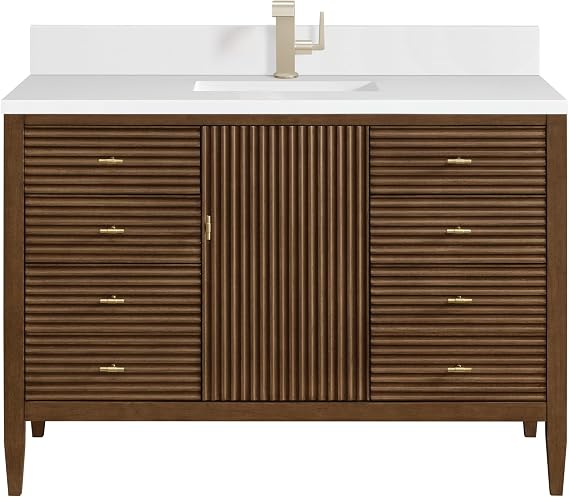 James Martin Vanities 48" Myrrin Vanity in Mid-Century Walnut | With 3cm White Zeus Silestone Quartz Vanity Top, Rectangular Sink and Electrical Outlet