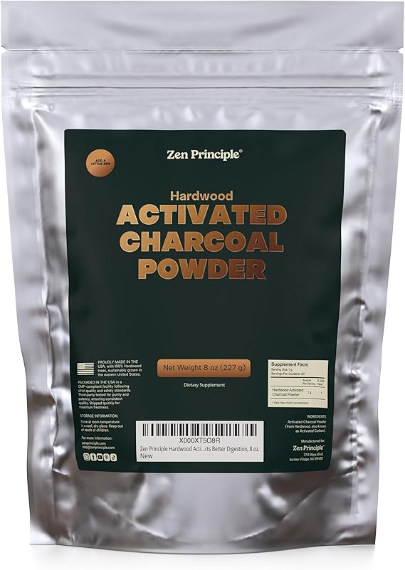 Zen Principle Hardwood Activated Charcoal Powder 100 Percent from USA Trees. All Natural. Whitens Teeth, Rejuvenates Skin and Hair, Supports Better Digestion, 8 oz.