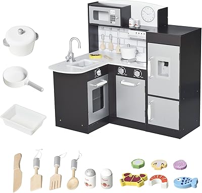 Qaba Corner Kids Kitchen Playset, Wooden Pretend Toy Kitchen Set with Drinking Fountain, Microwave, Fridge and Accessories, Pretend Play Kitchen for 3 Years, Black