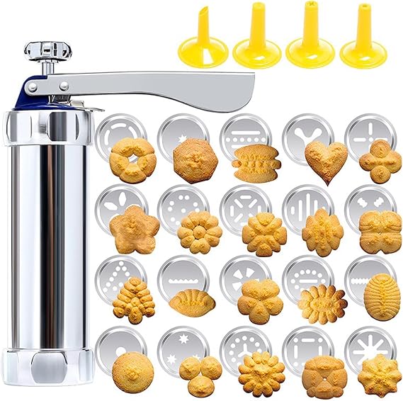 Cookie Press, Stainless Steel Churro Maker Machine Biscuit Press Cookie Gun Set with 20 Decorative Molds and 4 Nozzles for DIY Biscuit Maker 8.27 x 6.10in Cookie Press Machine Cookie Press Gun