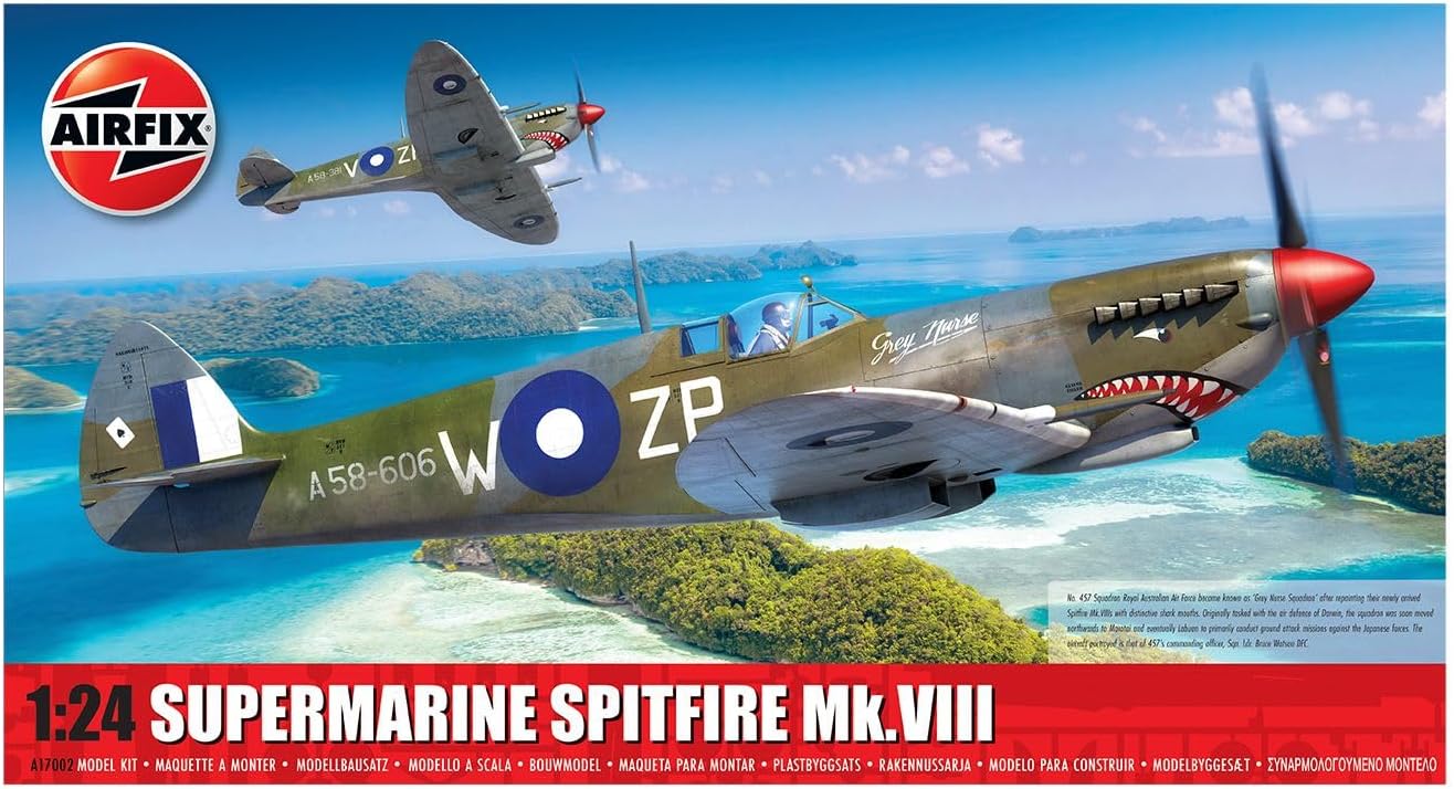 AIRFIX - Standard Model Set - A17002 Supermarine Spitfire Mk.VIII Model Building Kit - Plastic Aircraft Kit for Adults & Children 8+, Includes Sprues, Decals & Paint Guide - 1:24 Scale