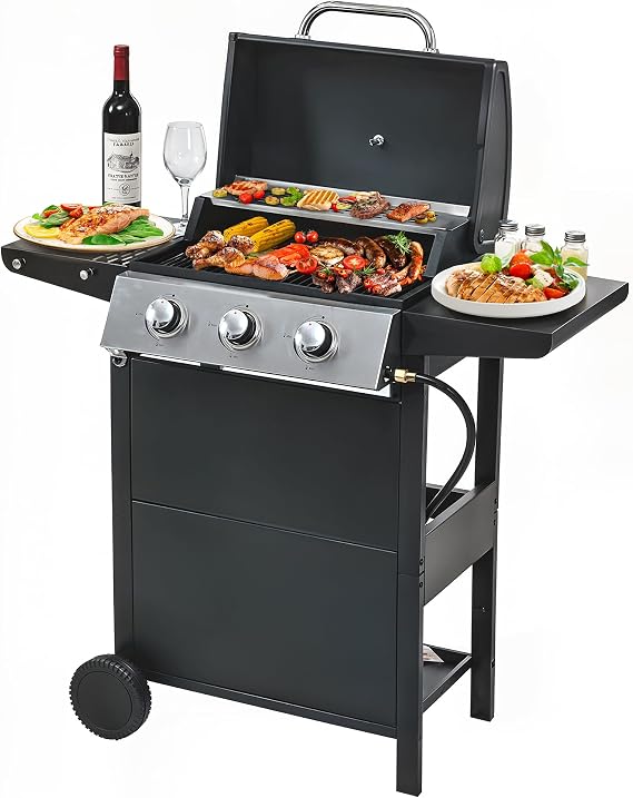 3 Burner Propane Gas Grill, Stainless Steel BBQ Grill 30,000 BTU for Outdoor Cooking Kitchen, Garden and Patio Backyard Barbecue, Black and Silver